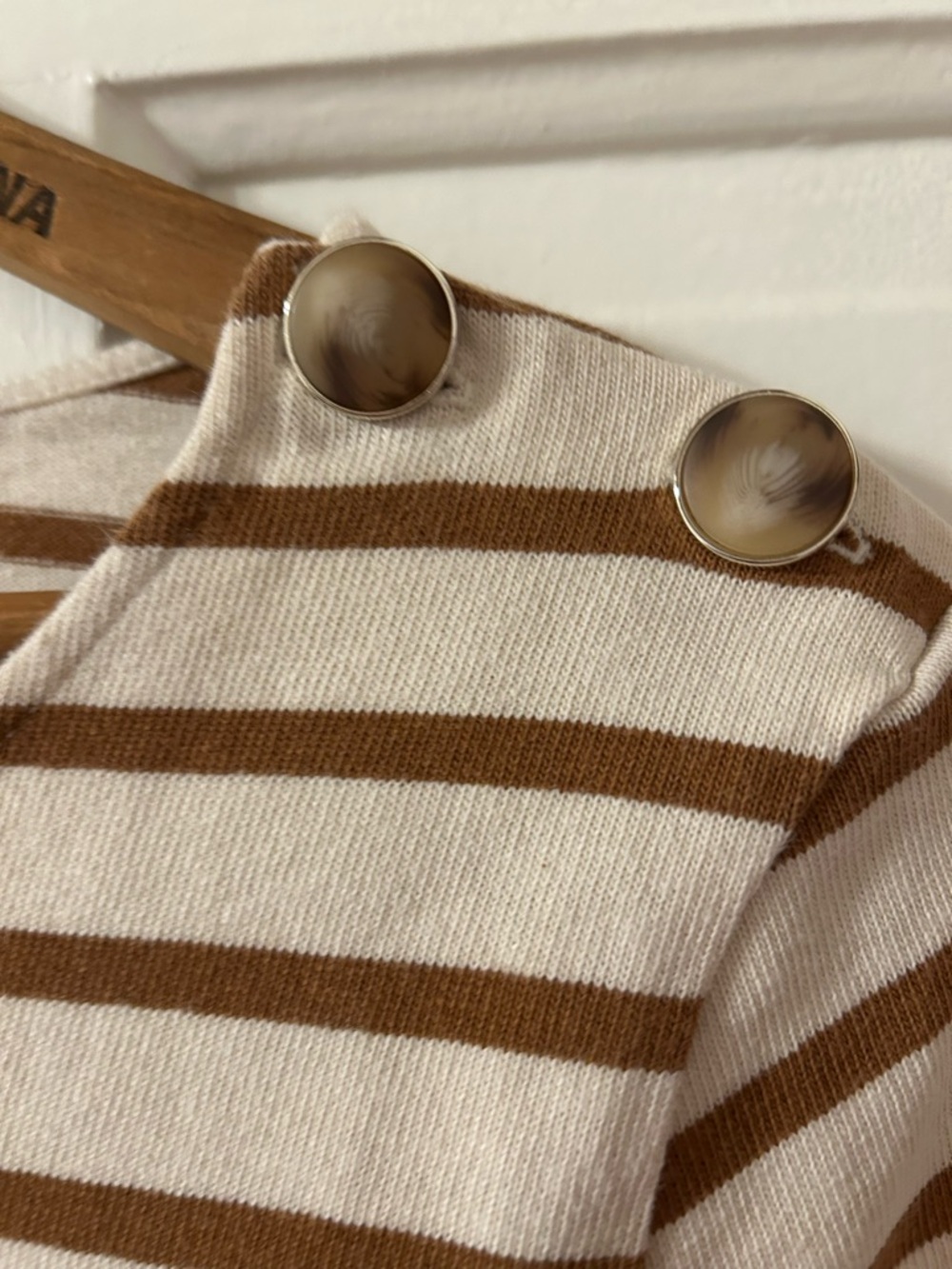 Sézane Striped Button-Shoulder Boatneck Top - ecru and camel - Picture 3 of 5